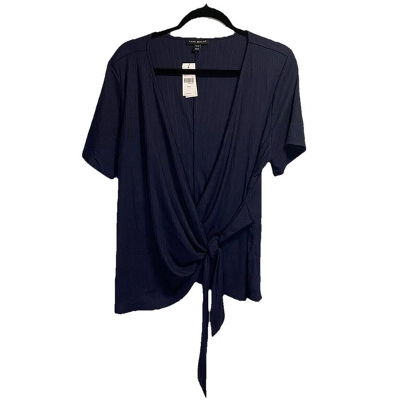 New Lane Bryant Top Womens 18/20 Navy Tie Front Wrap Short Sleeve Ribbed Stretch - Picture 1 of 4